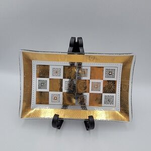 Mid Century Vintage Glass Tray Dish Plate Georges Briard  Gold Signed 8×4.5